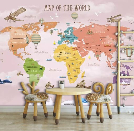 Colorful Map With Aircrafts Wallpaper Mural