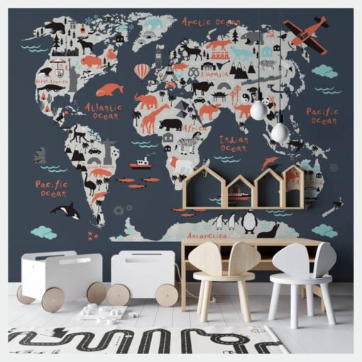 Animals World Map Wallpaper Mural