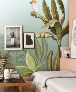 Leaves With Giraffe and Parrot Wallpaper Mural