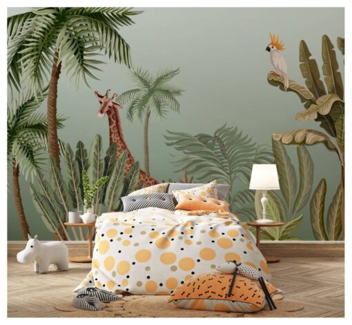 Leaves With Giraffe and Parrot Wallpaper Mural