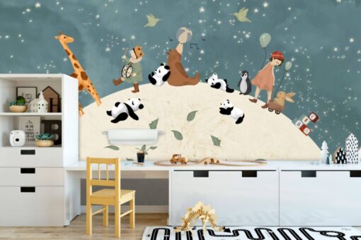 Cartoon Animals On Moon Wallpaper Mural