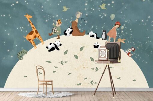 Cartoon Animals On Moon Wallpaper Mural