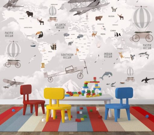Gray Tones Air Crafts World Map Wallpaper Mural