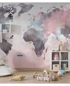 Pink Tones Kids World Map Wallpaper Mural