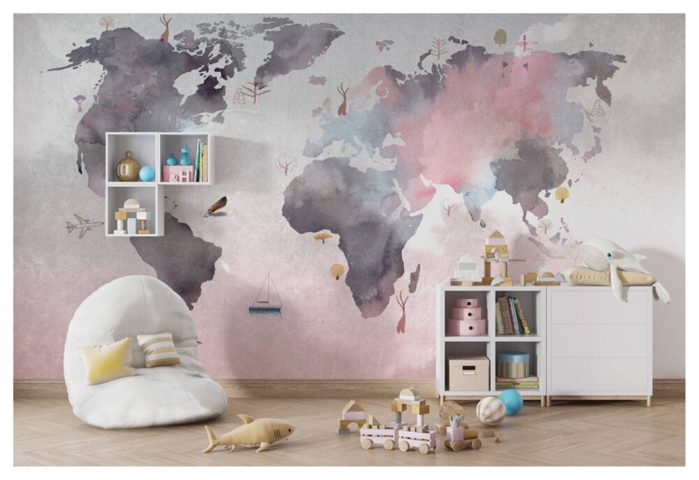 Pink World Map Wallpaper Mural