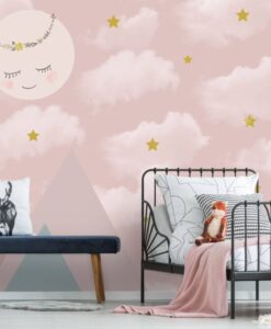 Pink Clouds Stars Smily Moon Wallpaper Mural