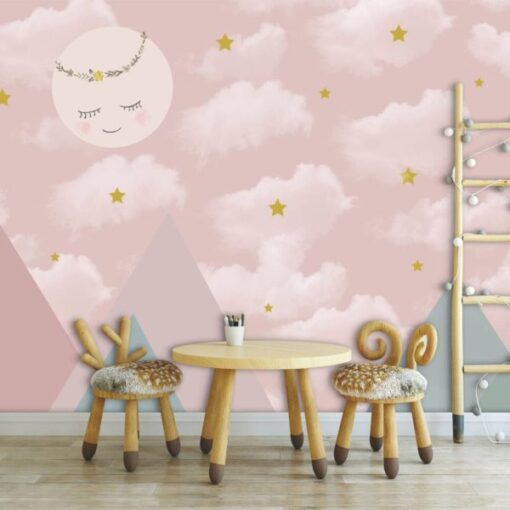 Pink Clouds Stars Smily Moon Wallpaper Mural