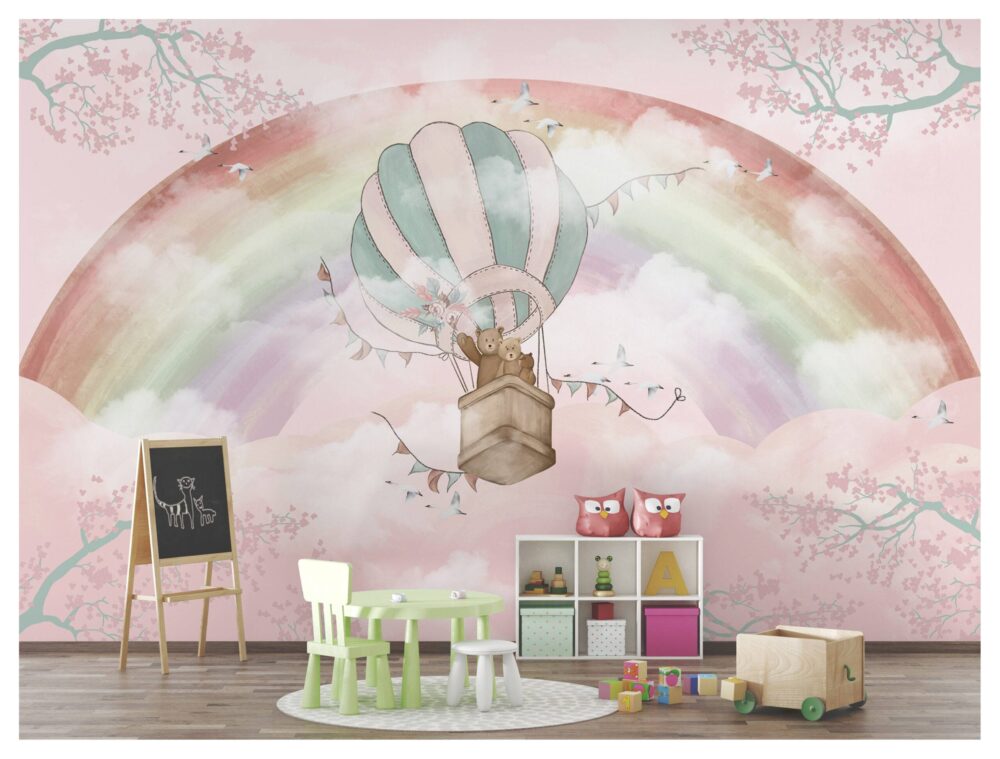 Hot Air Balloon Up To a Rainbow Wallpaper Mural