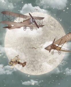 Air Crafts Flying Around Moon Wallpaper Mural