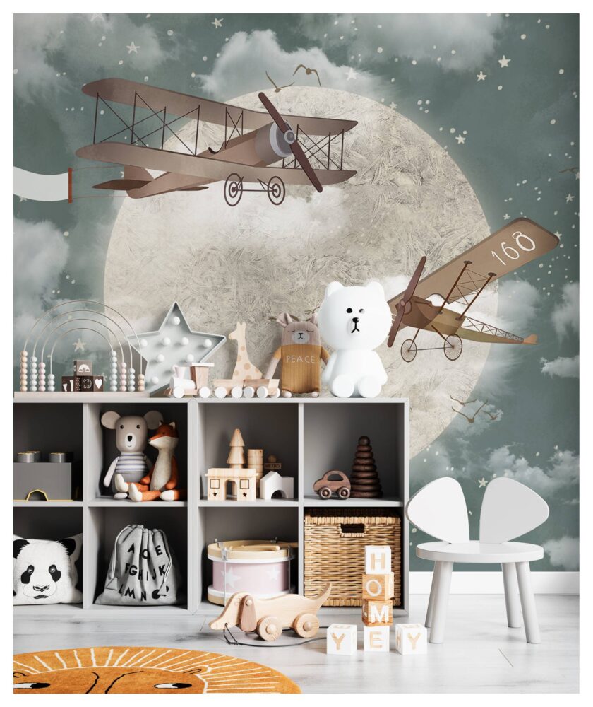 Air Crafts Flying Around Moon Wallpaper Mural