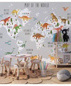 World Map With Dinosaurs Wallpaper Mural
