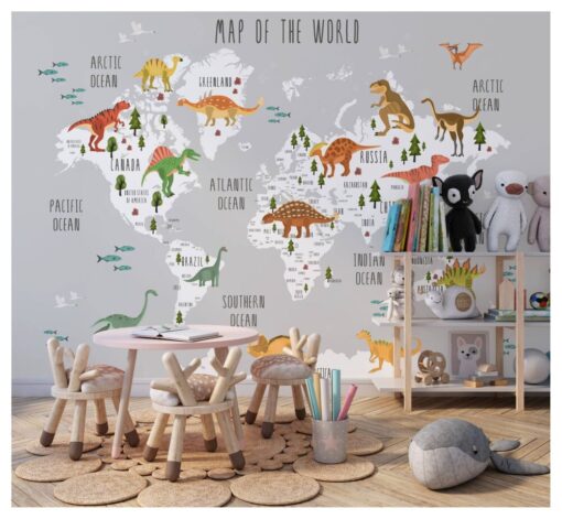 World Map With Dinosaurs Wallpaper Mural