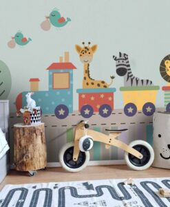 Animals on Train for Kids Wallpaper Mural