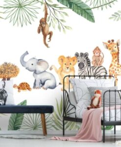 Tropic Leaves Cute Baby Animals Wallpaper Mural