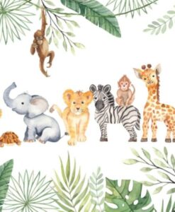 Tropic Leaves Cute Baby Animals Wallpaper Mural