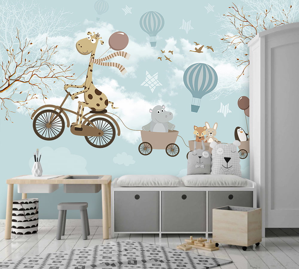 Cycling Giraffe Sky Blue Tones Wallpaper Mural