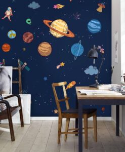 Dark Blue Planet System Wallpaper Mural