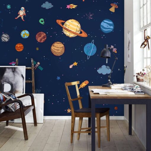 Dark Blue Planet System Wallpaper Mural