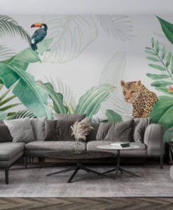 Wild Animals Tiger and Parrot Wallpaper Mural