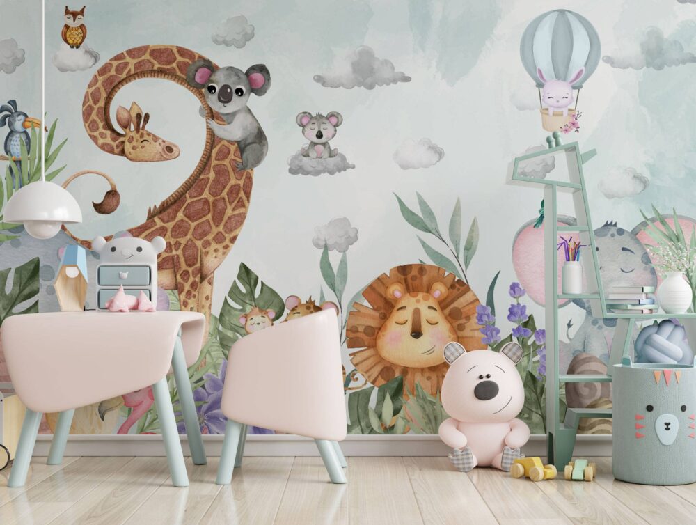 Cute Cartoon Animal Into Leaves Wallpaper Mural