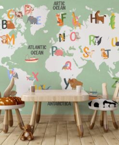 Alphabet and Animals World Map Wallpaper Mural