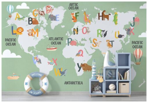 Alphabet and Animals World Map Wallpaper Mural