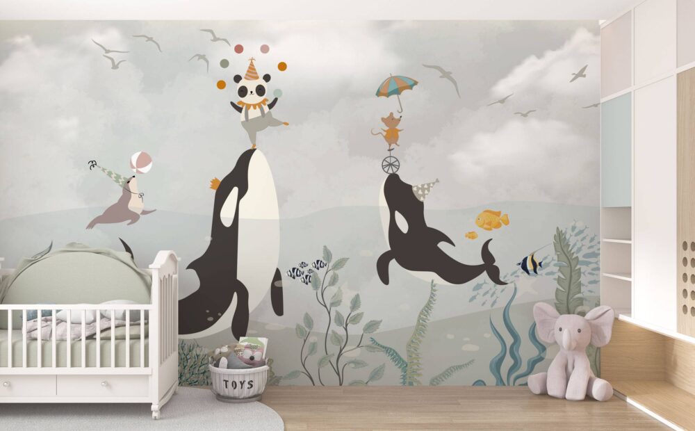 Whales Panda Fishes Wallpaper Mural