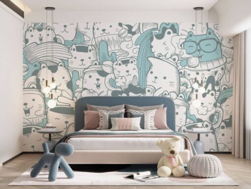 Blue Cartoon Cats Wallpaper Mural