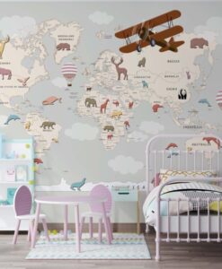 World Map Airplane and Balloons Wallpaper Mural