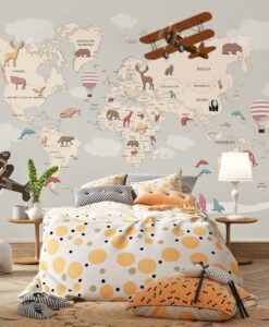 World Map Airplane and Balloons Wallpaper Mural