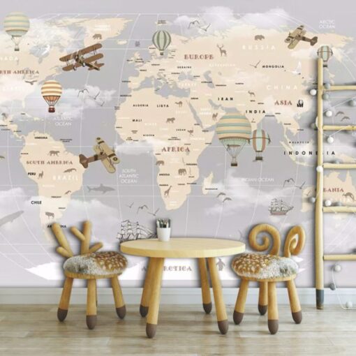 Airplanes Balloons World Map Wallpaper Mural