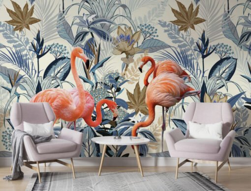 Flamingos and Blue Flowers Wallpaper Mural