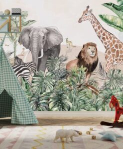 Elephant, Zebra, Giraffe and Lion Wallpaper Mural