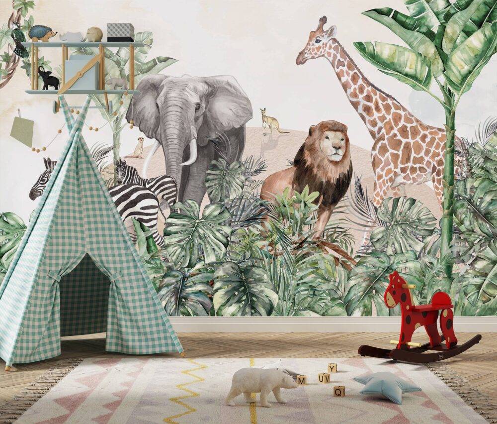 Elephant, Zebra, Giraffe and Lion Wallpaper Mural