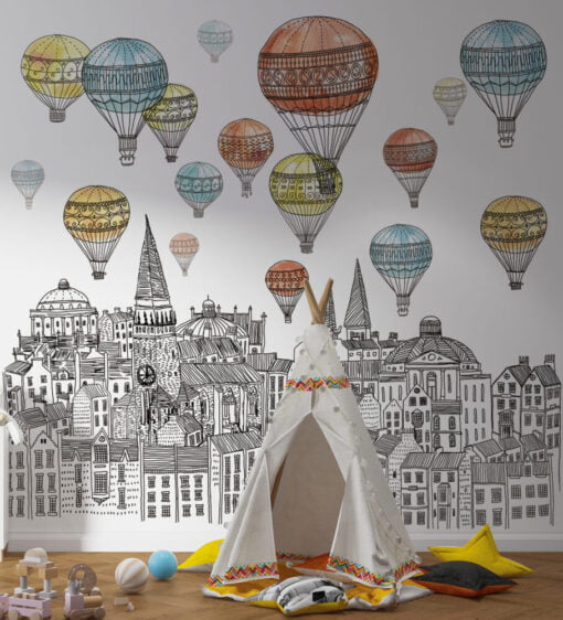 Flying Balloon City Landscape Wallpaper Mural