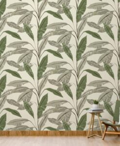 Tropical leaves in Linear Green Wallpaper Mural