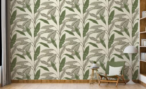 Tropical leaves in Linear Green Wallpaper Mural