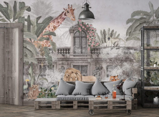 Safari Animals and Old Building Wallpaper Mural