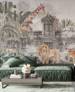 Safari Animals and Old Building Wallpaper Mural