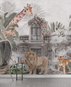 Safari Animals and Old Building Wallpaper Mural