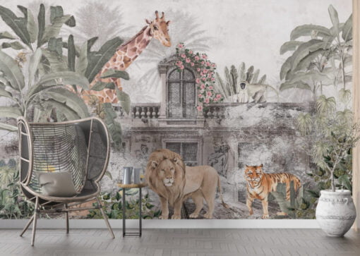 Safari Animals and Old Building Wallpaper Mural