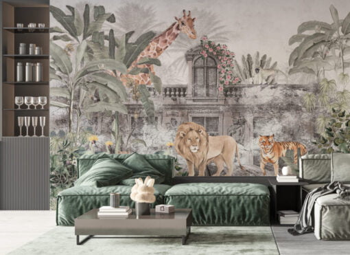 Safari Animals and Old Building Wallpaper Mural