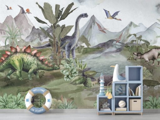 Dinosaurs by the Lake 3D Wallpaper Mural