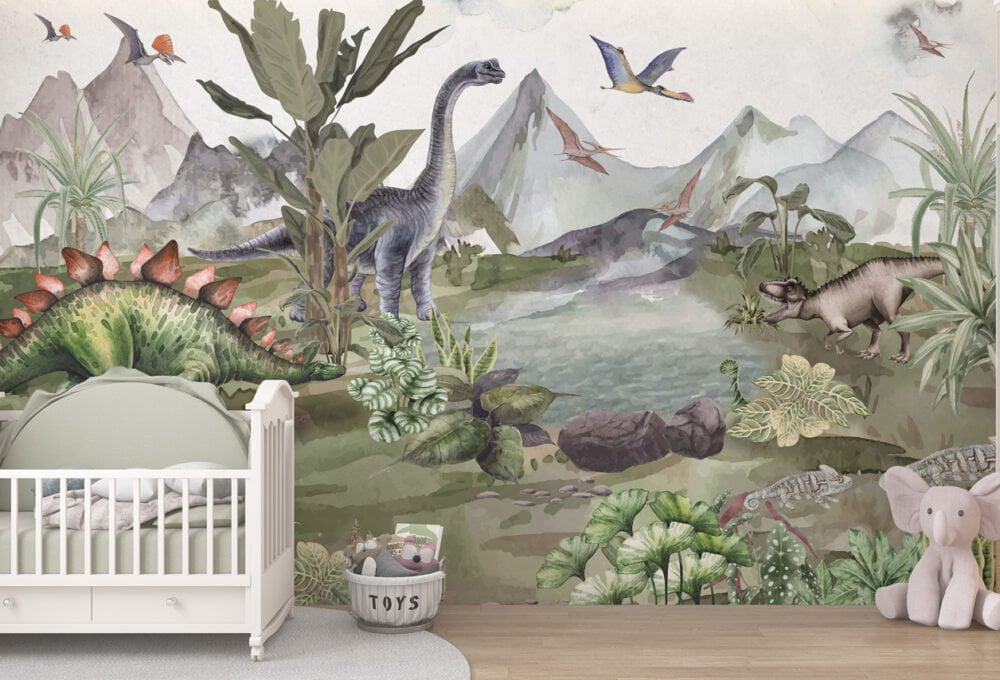 Dinosaurs by the Lake 3D Wallpaper Mural