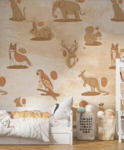 Cartoon Animals In Coffee Tones Wallpaper Mural
