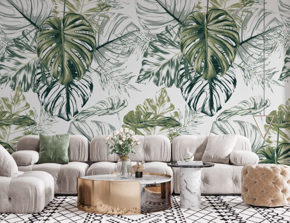 Tropical Leaf Drawing Wallpaper Mural