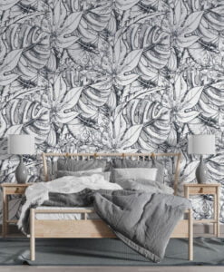 Black And White Tropical Leaves Wallpaper Mural