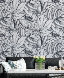 Black And White Tropical Leaves Wallpaper Mural