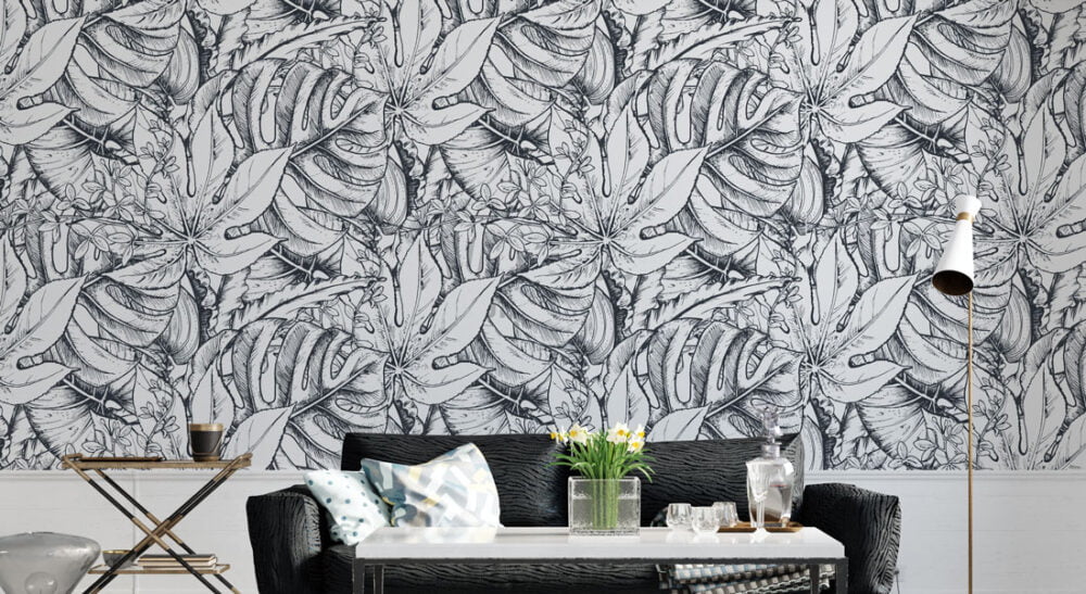 Black And White Tropical Leaves Wallpaper Mural