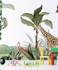 Elephant And Giraffe 3D Wallpaper Mural
